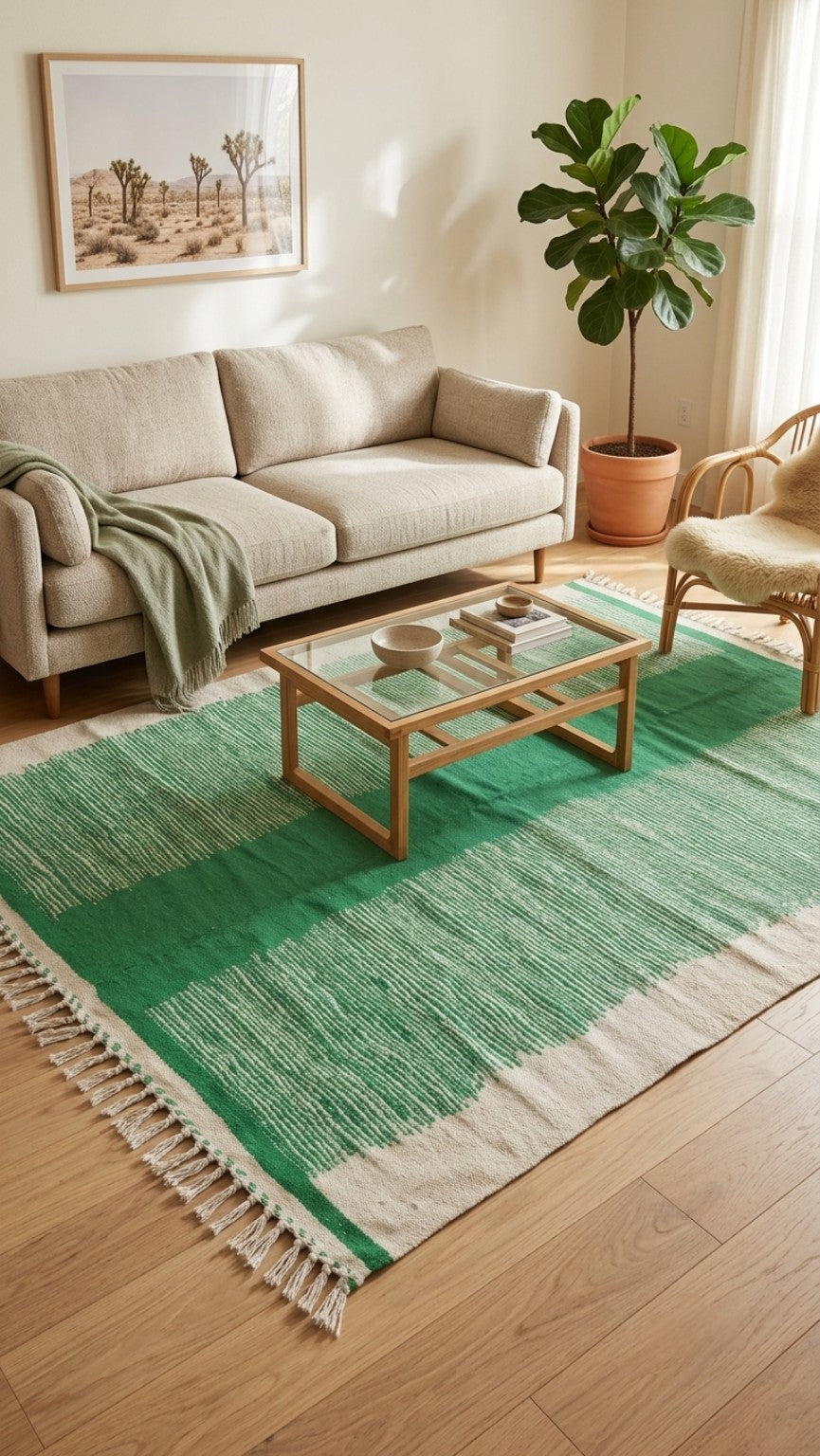 Tapis kilim marocain vert & écru – 300×200 cm – Pièce unique
