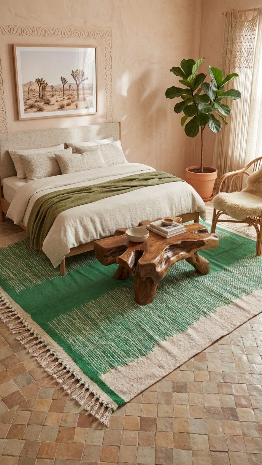 Tapis kilim marocain vert & écru – 300×200 cm – Pièce unique