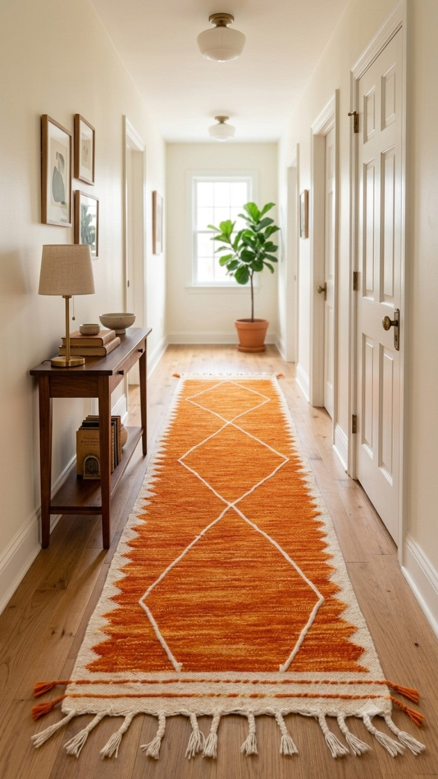 Tapis Kilim de couloir orange – Losanges 295×77 cm – Pièce unique