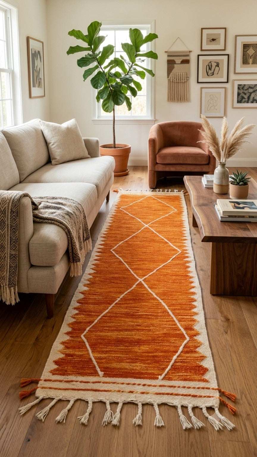 Tapis Kilim de couloir orange – Losanges 295×77 cm – Pièce unique