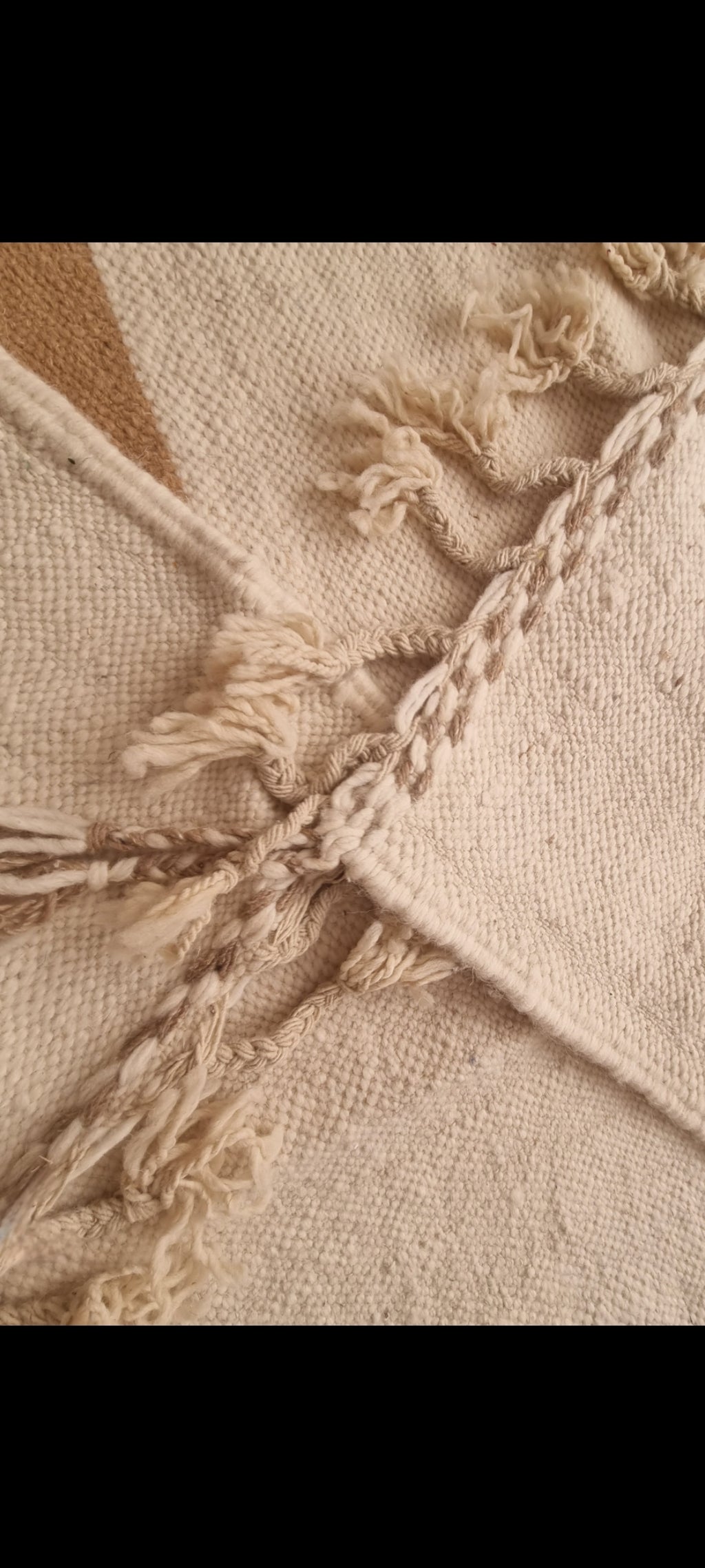 Tapis Zanafi écru – Bleu canard et camel 150×245 cm – 100 % laine – Pièce unique