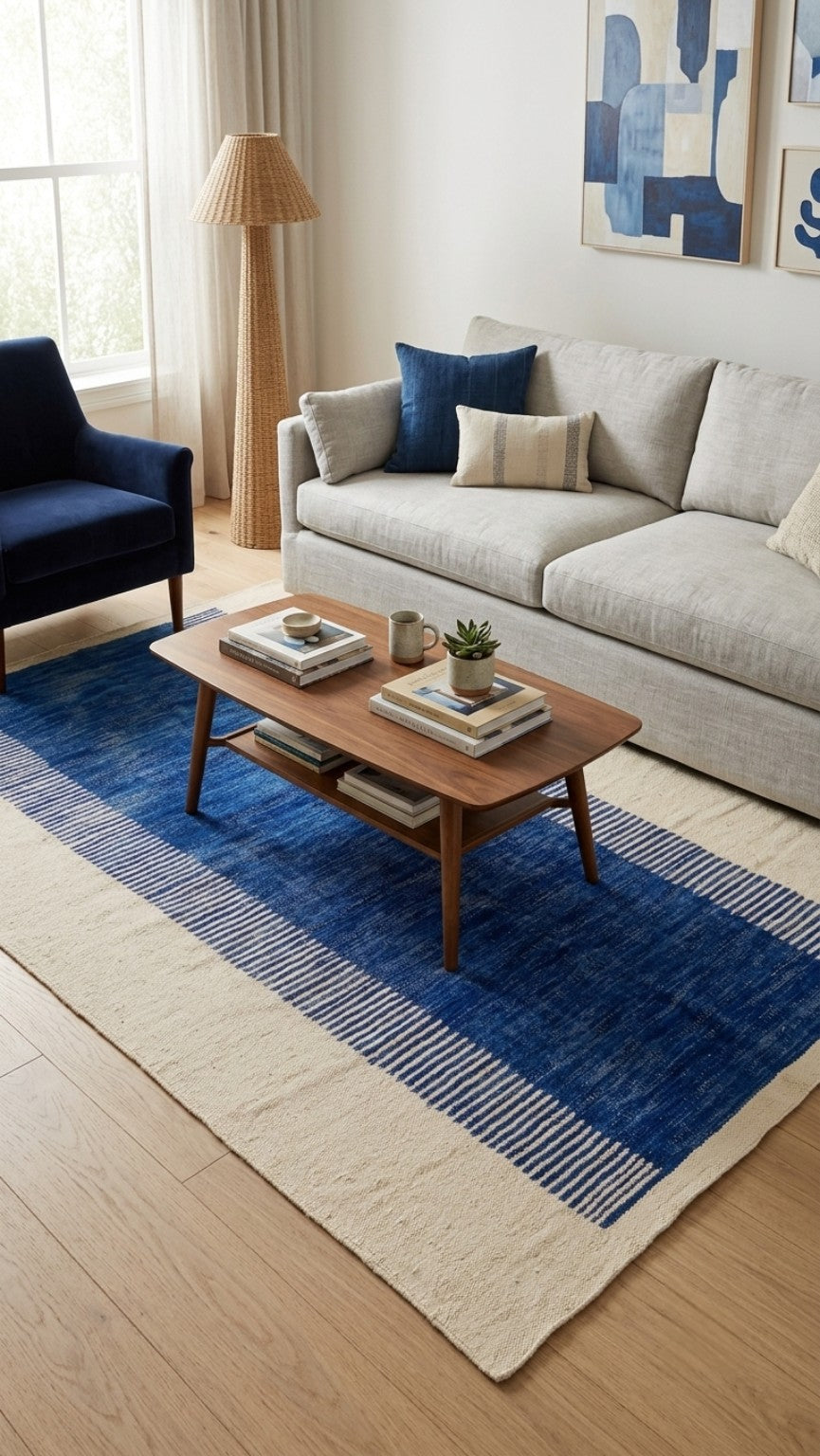 Tapis kilim marocain bleu Majorelle & écru – 300 × 198 cm – Pièce unique