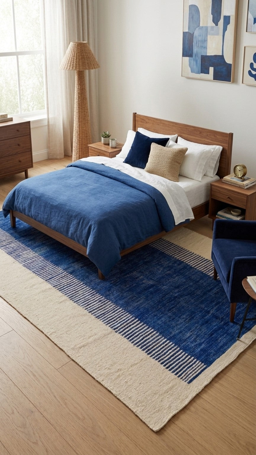 Tapis kilim marocain bleu Majorelle & écru – 300 × 198 cm – Pièce unique