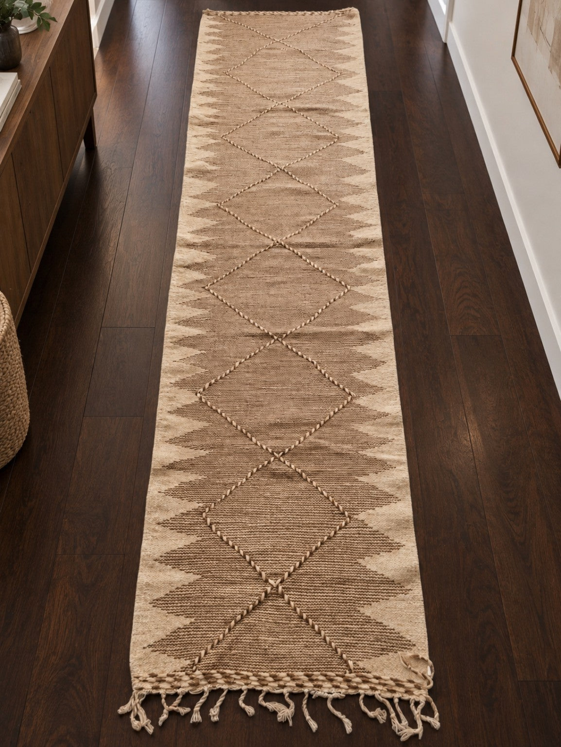 Tapis de couloir Zanafi taupe – Losanges 320×80 cm – 100 % laine – Pièce unique
