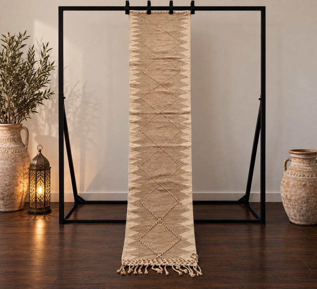 Tapis de couloir Zanafi taupe – Losanges 320×80 cm – 100 % laine – Pièce unique