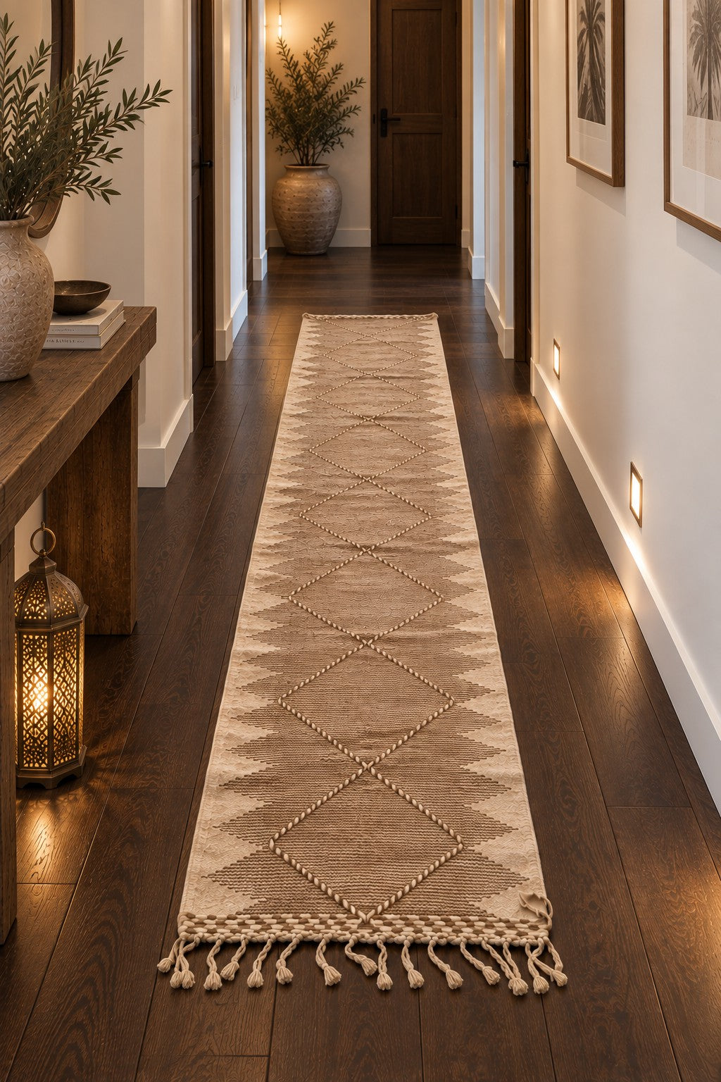 Tapis de couloir Zanafi taupe – Losanges 320×80 cm – 100 % laine – Pièce unique