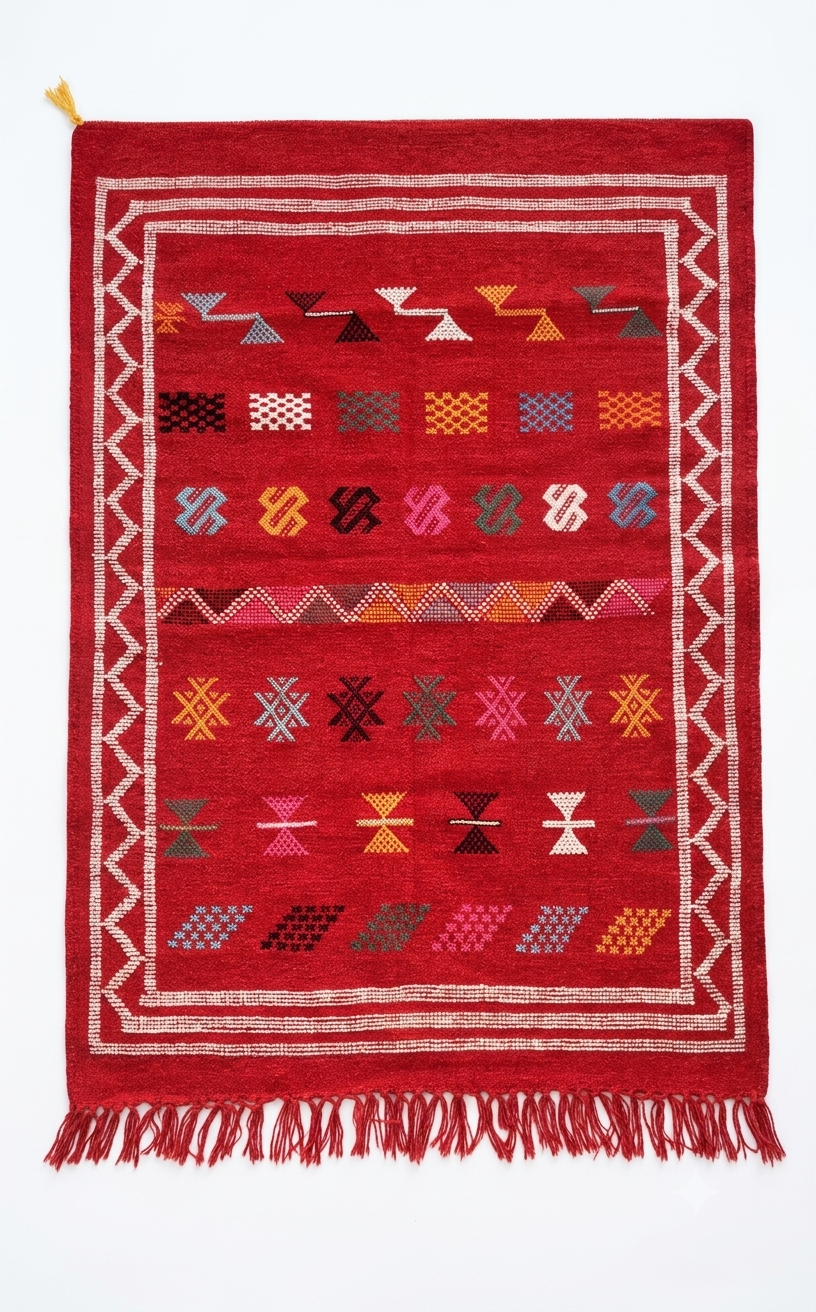 Tapis kilim rouge brodé – Multicolore 140×95 cm – Pièce unique