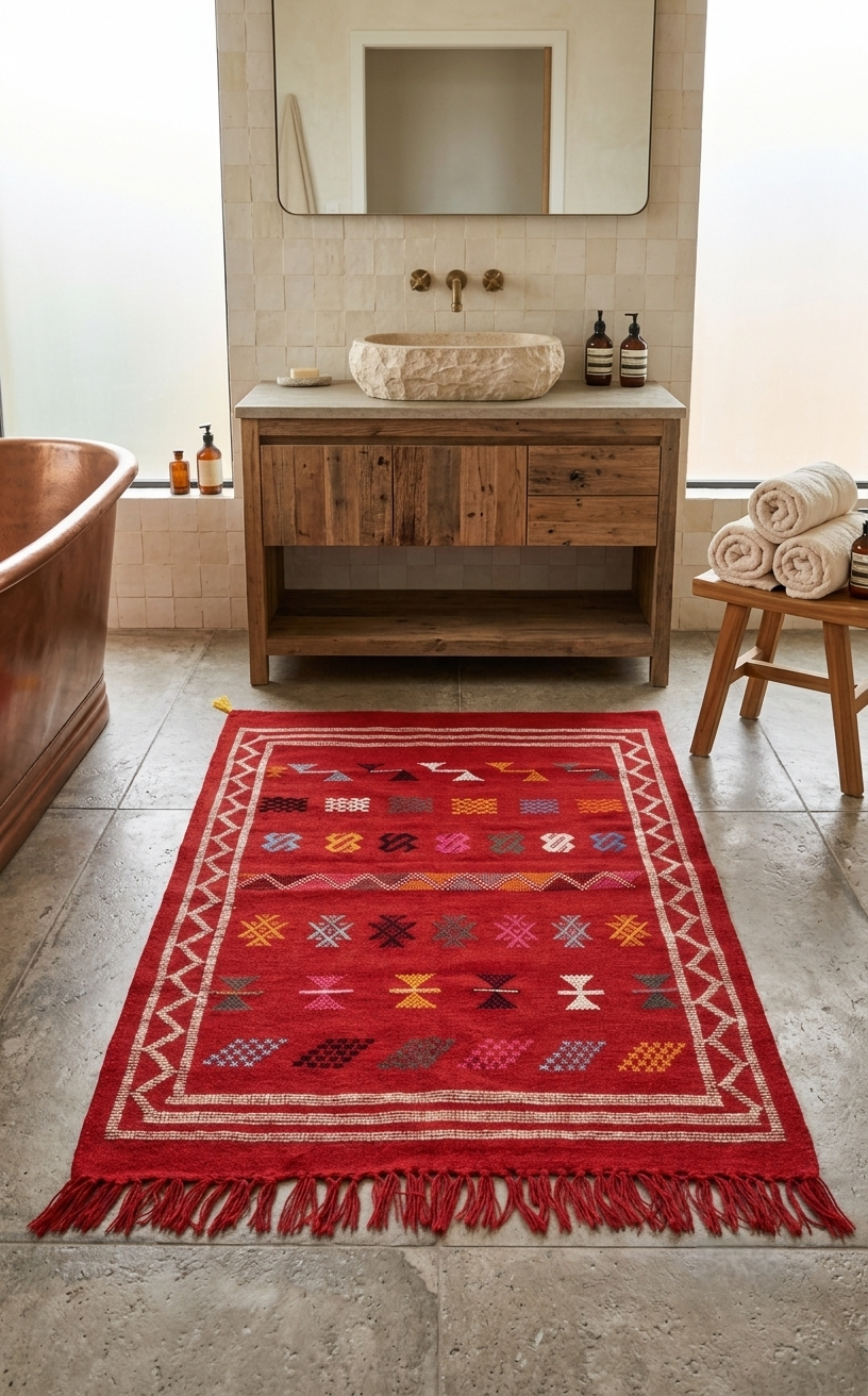 Tapis kilim rouge brodé – Multicolore 140×95 cm – Pièce unique
