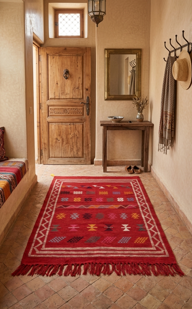 Tapis kilim rouge brodé – Multicolore 140×95 cm – Pièce unique