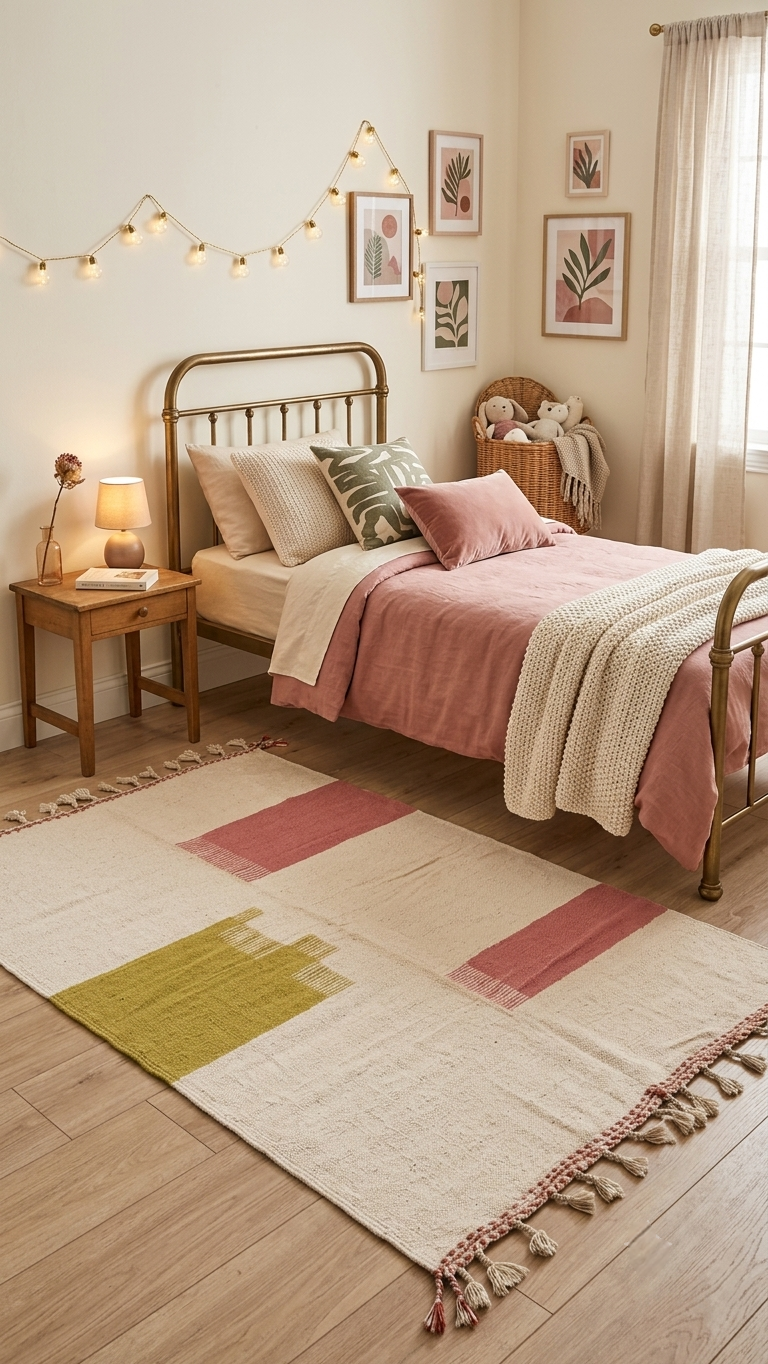 Tapis Kilim graphique - Olive et corail 255x158 cm