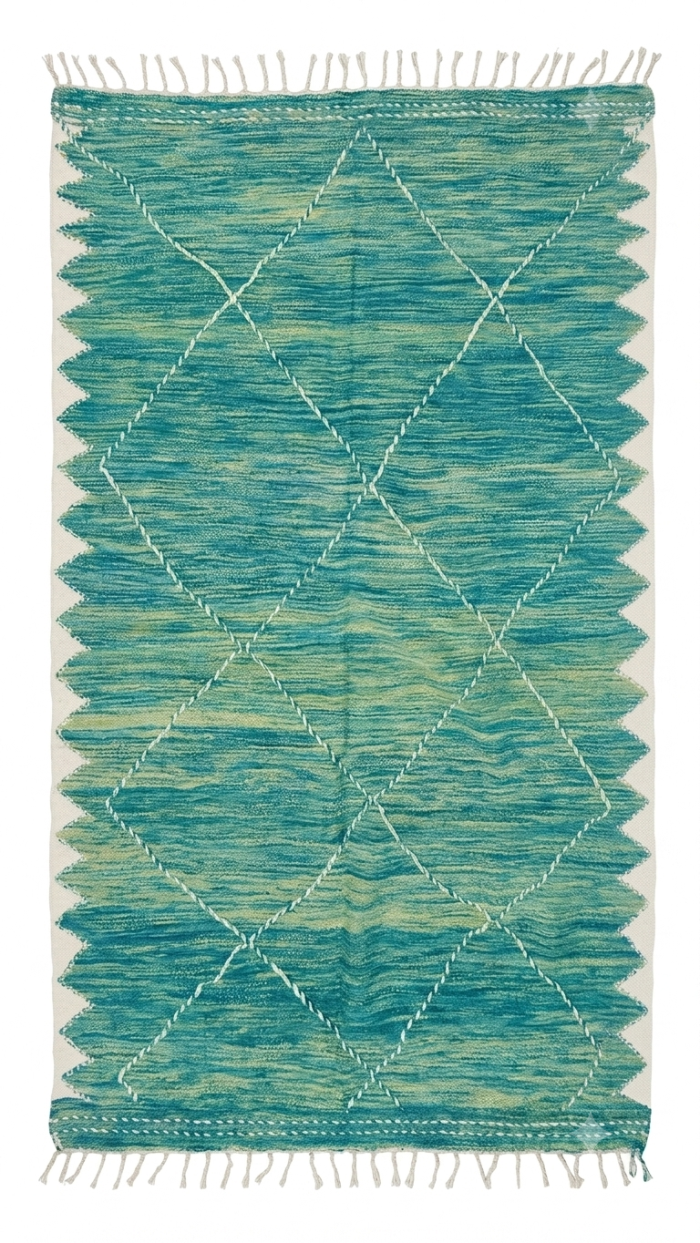 Tapis Zanafi turquoise – Losanges 300×187 cm – 100 % laine – Pièce unique