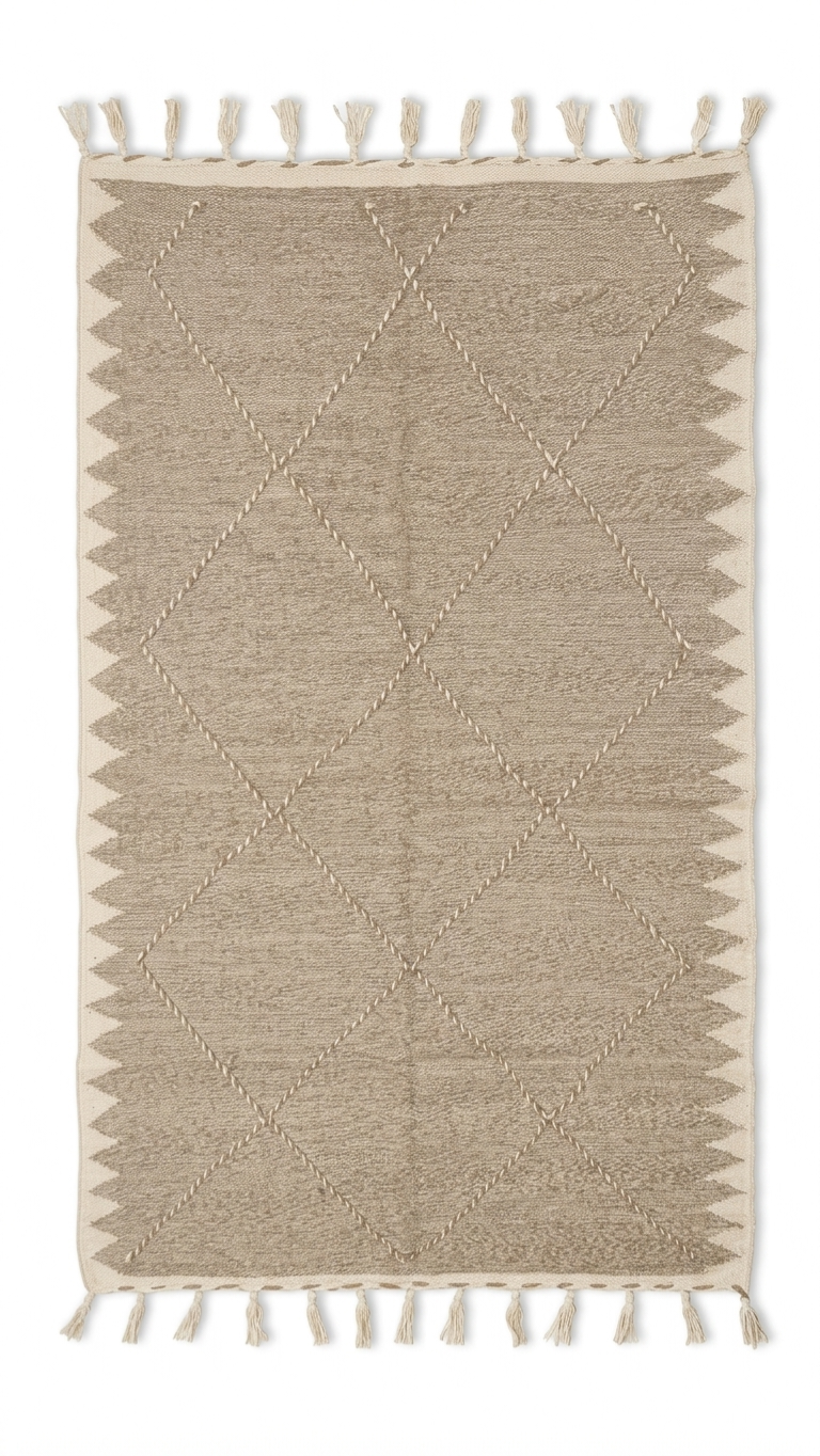 Tapis Zanafi marocain taupe & écru – 250×140 cm – Pièce unique