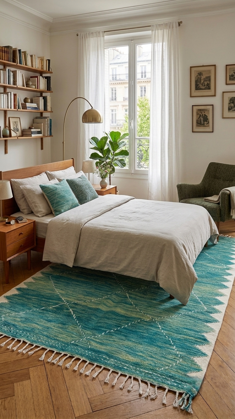 Tapis Zanafi turquoise – Losanges 300×187 cm – 100 % laine – Pièce unique
