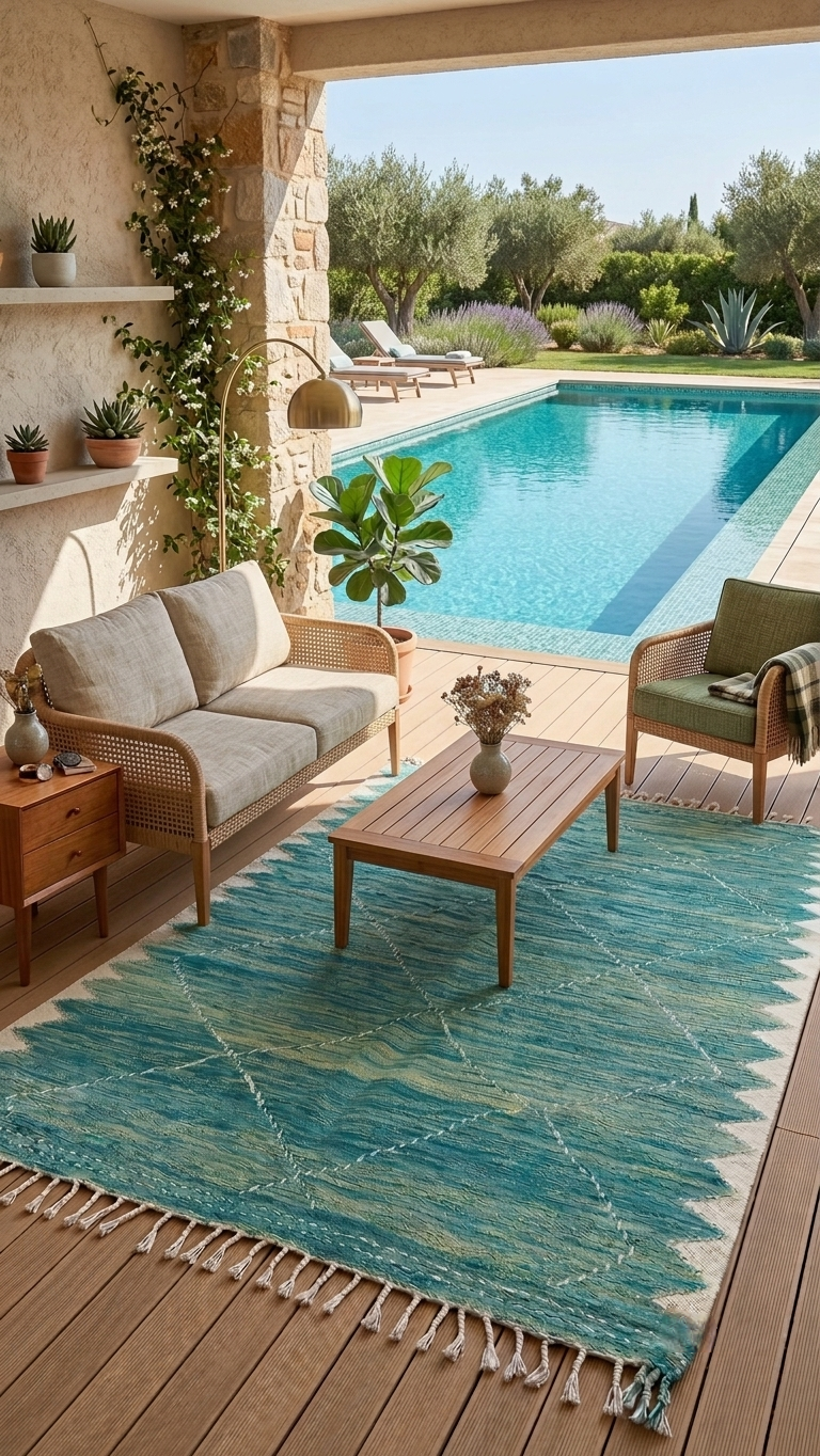 Tapis Zanafi turquoise – Losanges 300×187 cm – 100 % laine – Pièce unique