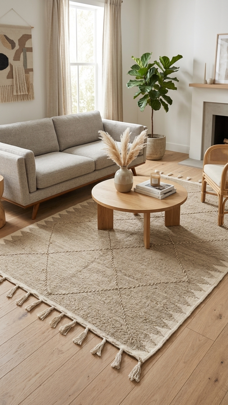 Tapis Zanafi marocain taupe & écru – 250×140 cm – Pièce unique