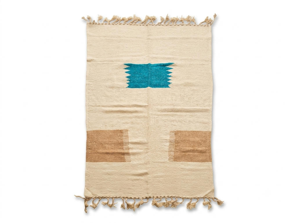Tapis Zanafi écru – Bleu canard et camel 150×245 cm – 100 % laine – Pièce unique