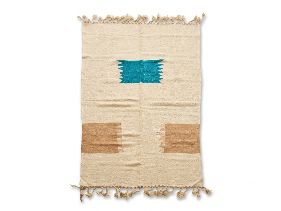 Tapis Zanafi écru – Bleu canard et camel 150×245 cm – 100 % laine – Pièce unique
