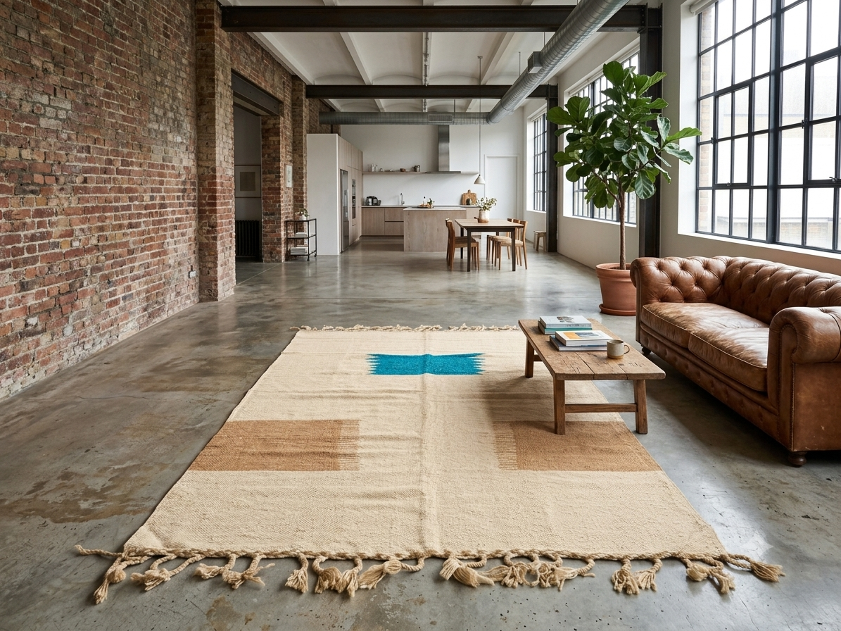 Tapis Zanafi écru – Bleu canard et camel 150×245 cm – 100 % laine – Pièce unique
