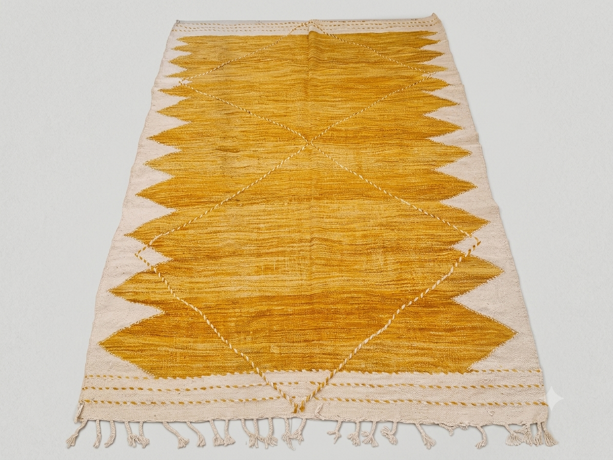 Tapis Zanafi moutarde – Motifs géométriques 200×315 cm – 100 % laine – Pièce unique
