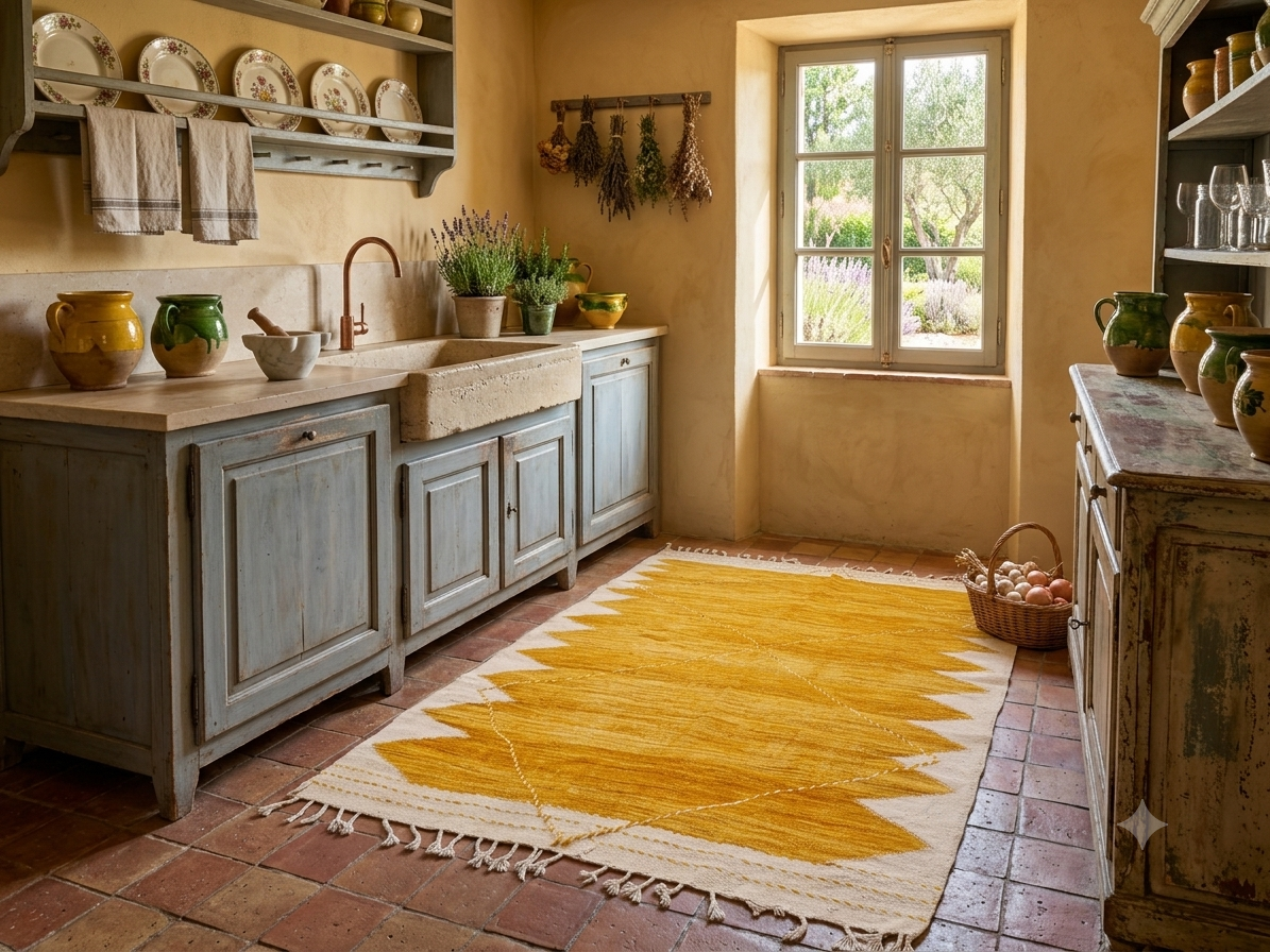 Tapis Zanafi moutarde – Motifs géométriques 200×315 cm – 100 % laine – Pièce unique