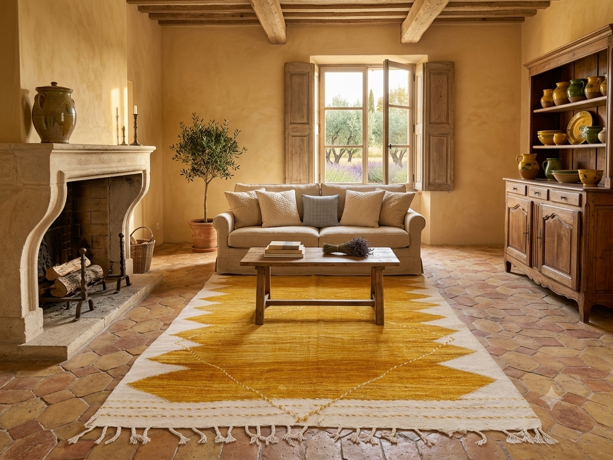 Tapis Zanafi moutarde – Motifs géométriques 200×315 cm – 100 % laine – Pièce unique