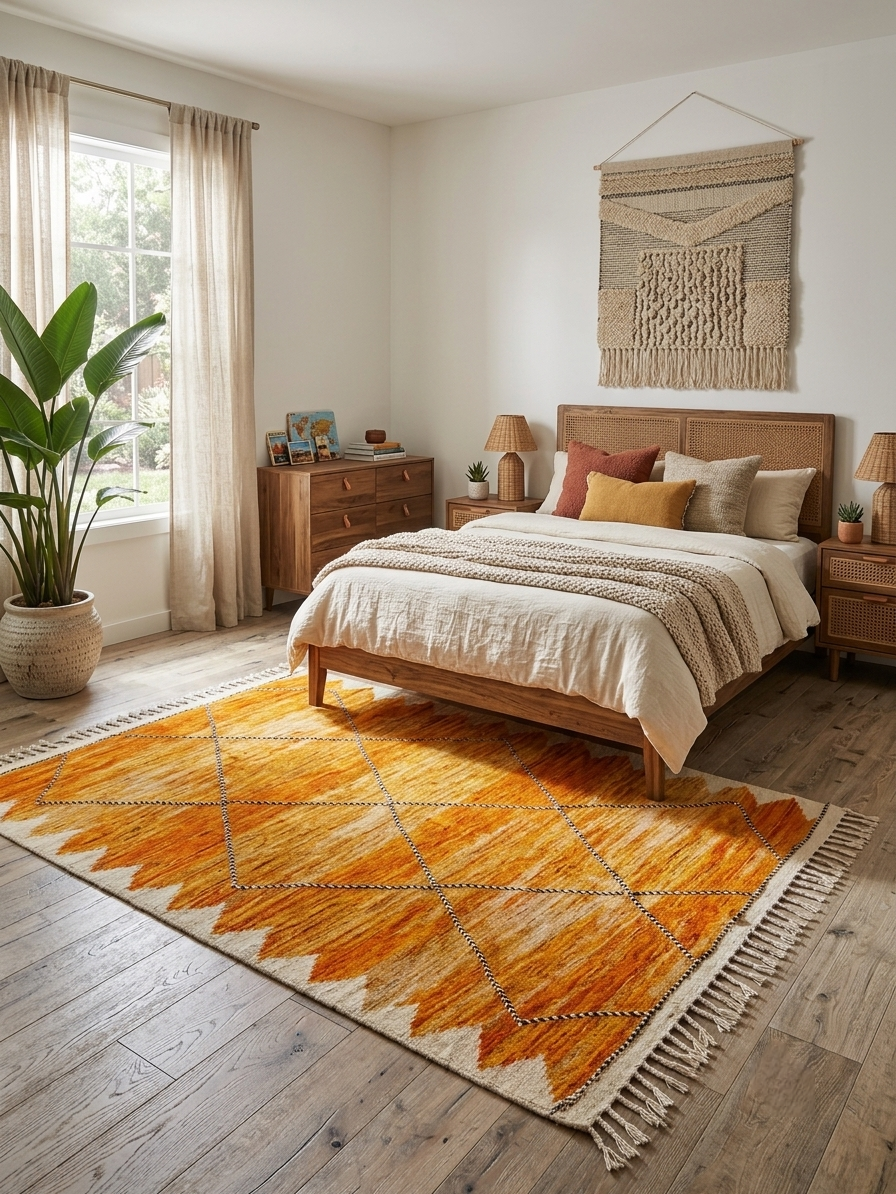 Tapis Kilim marocain moutarde – Losanges 3×2 m – Pièce unique