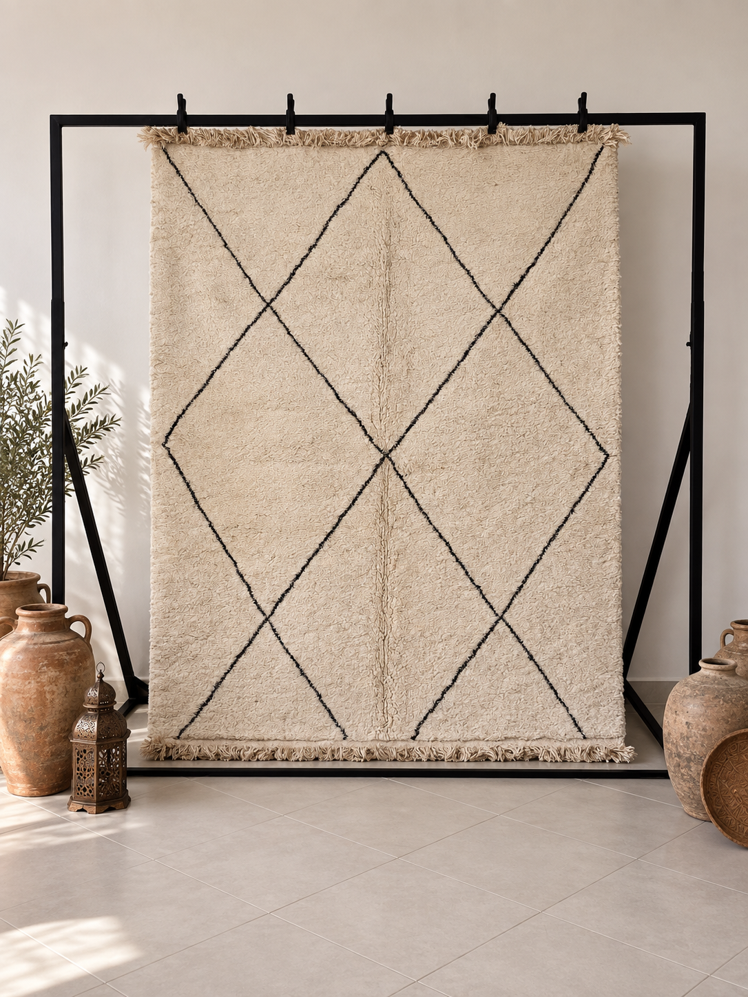 Tapis berbère Beni Ouarain en laine – Losanges noirs 3×2 m – Pièce unique