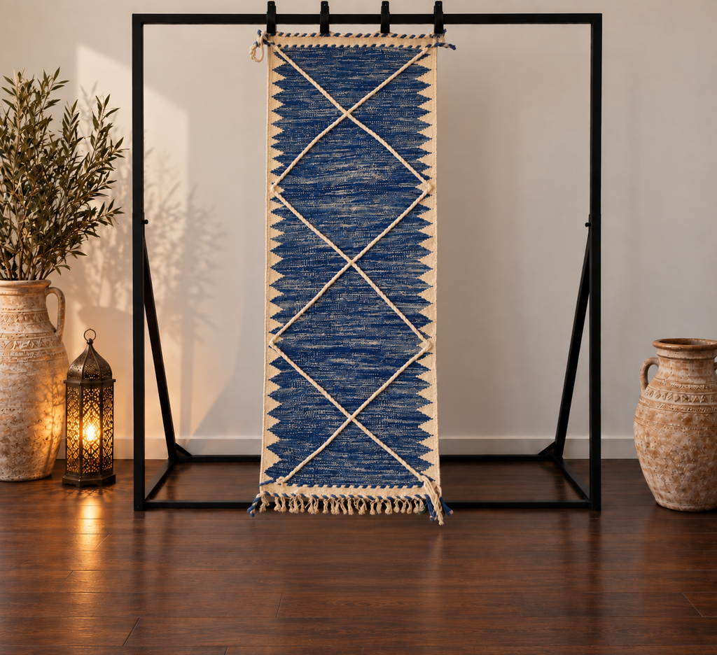 Tapis Kilim de couloir bleu Majorelle – 210×70 cm – Pièce unique