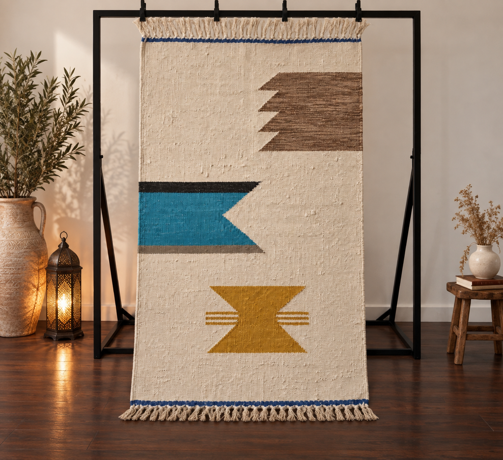 Tapis Kilim marocain graphique multicolore – 250×150 cm – Pièce unique