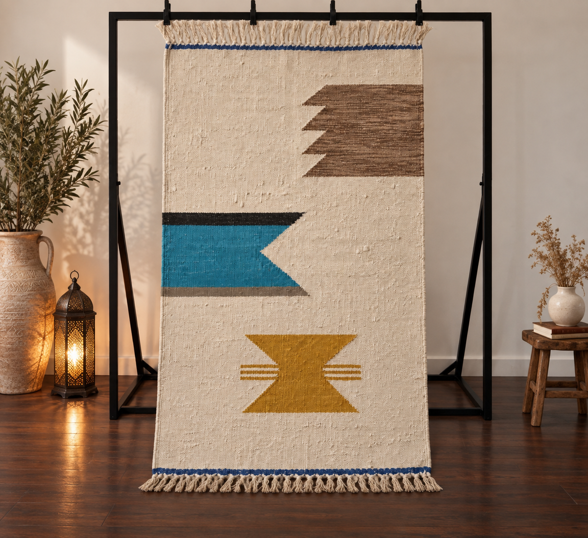 Tapis Kilim marocain graphique multicolore – 250×150 cm – Pièce unique