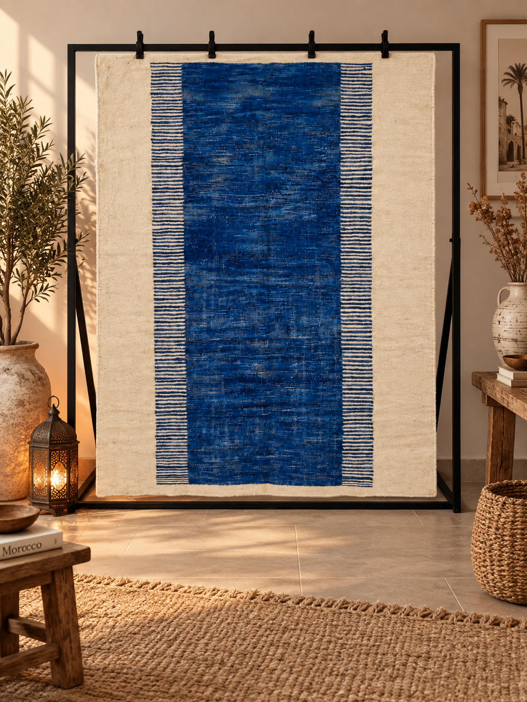 Tapis kilim marocain bleu Majorelle & écru – 300 × 198 cm – Pièce unique
