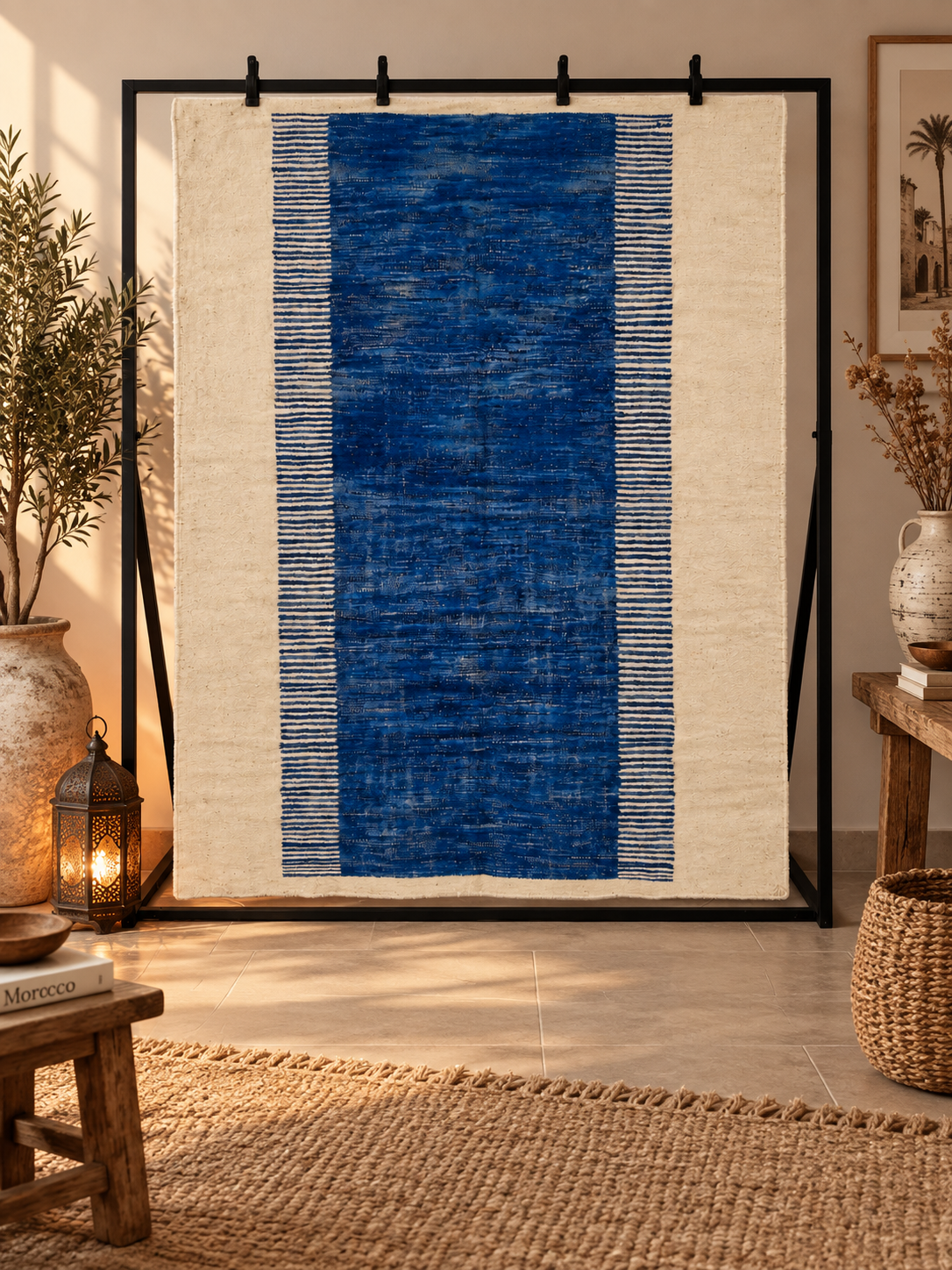 Tapis kilim marocain bleu Majorelle & écru – 300 × 198 cm – Pièce unique