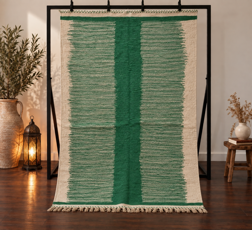 Tapis kilim marocain vert & écru – 300×200 cm – Pièce unique