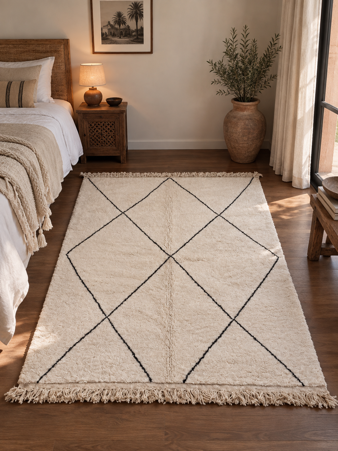 Tapis berbère Beni Ouarain en laine – Losanges noirs 3×2 m – Pièce unique