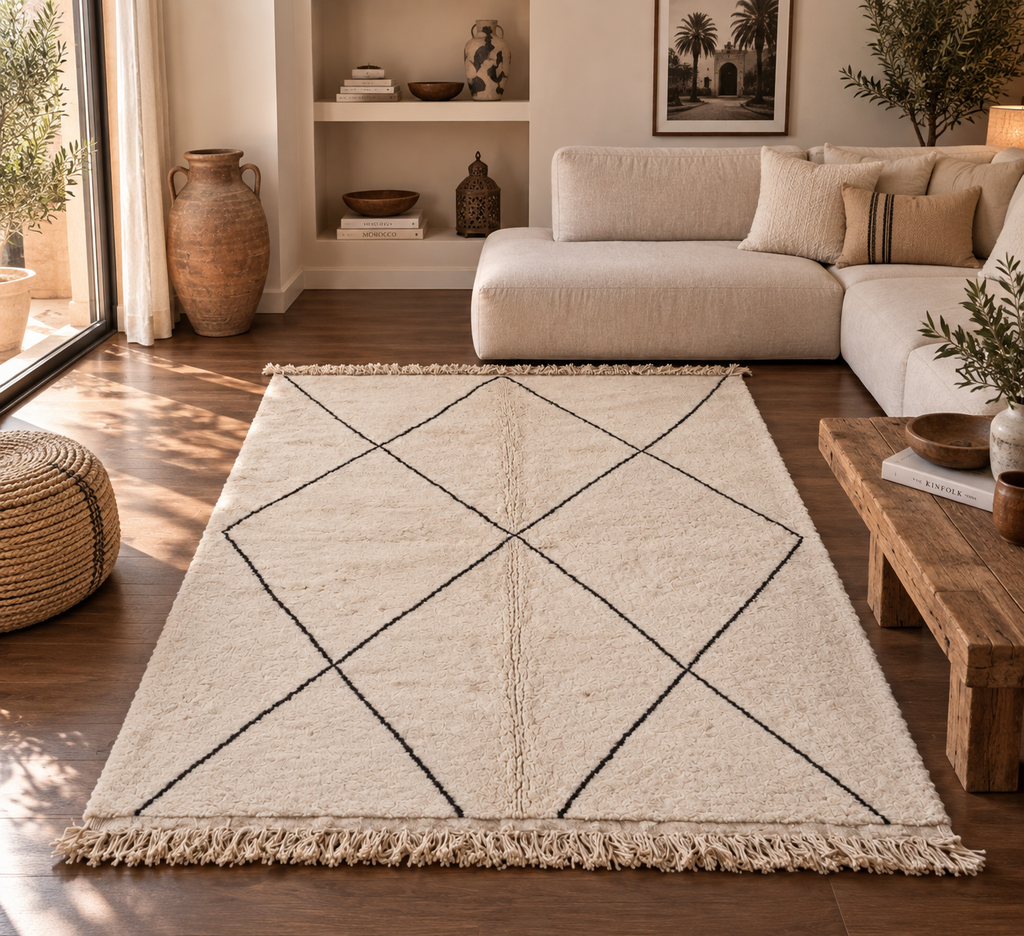 Tapis berbère Beni Ouarain en laine – Losanges noirs 3×2 m – Pièce unique