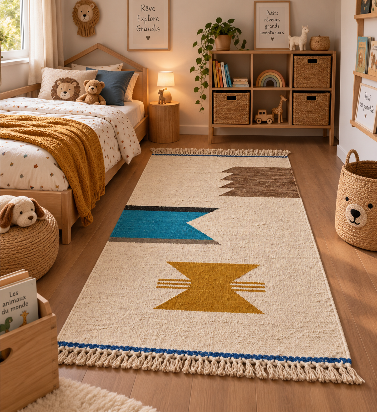 Tapis Kilim marocain graphique multicolore – 250×150 cm – Pièce unique