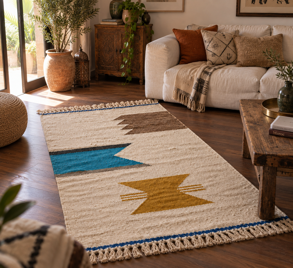 Tapis Kilim marocain graphique multicolore – 250×150 cm – Pièce unique