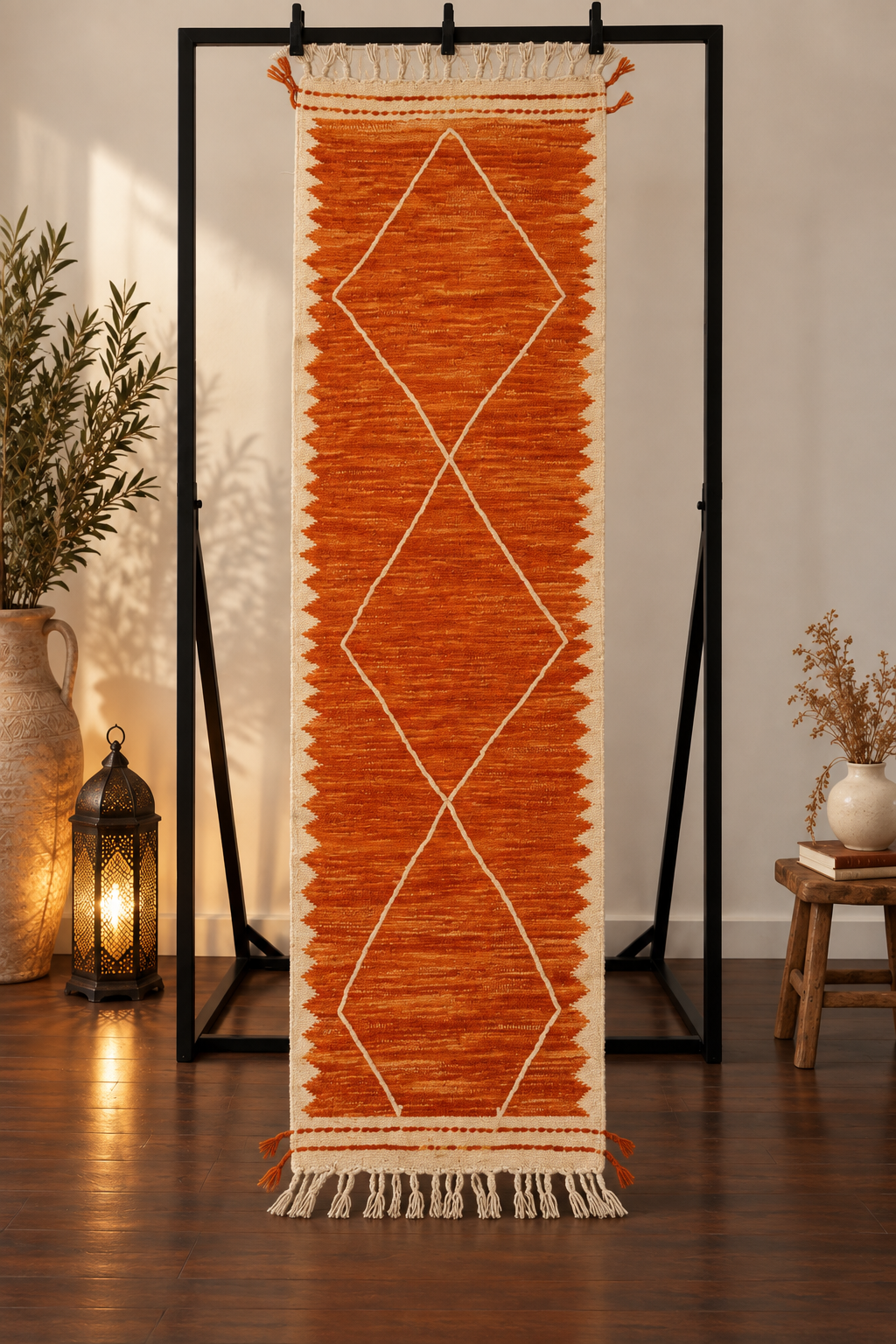 Tapis Kilim de couloir orange – Losanges 295×77 cm – Pièce unique