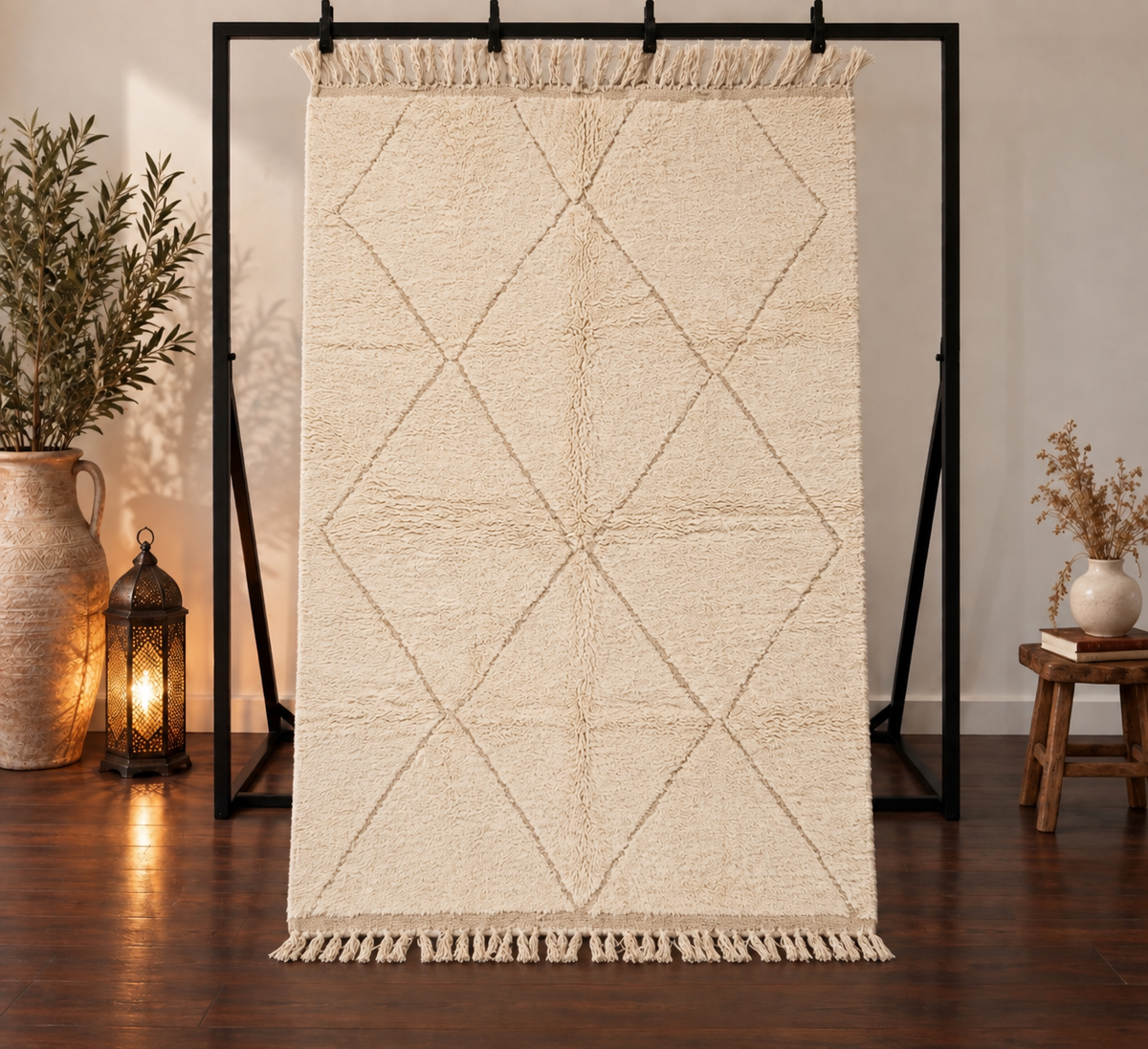 Tapis Beni Ouarain écru – Losanges beige 320×215 cm – Pièce unique