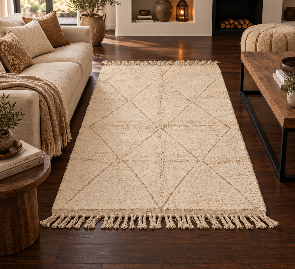 Tapis Beni Ouarain écru – Losanges beige 320×215 cm – Pièce unique