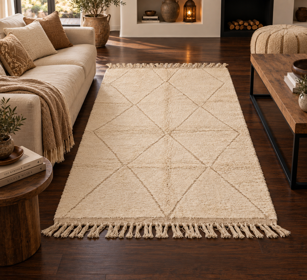 Tapis Beni Ouarain écru – Losanges beige 320×215 cm – Pièce unique