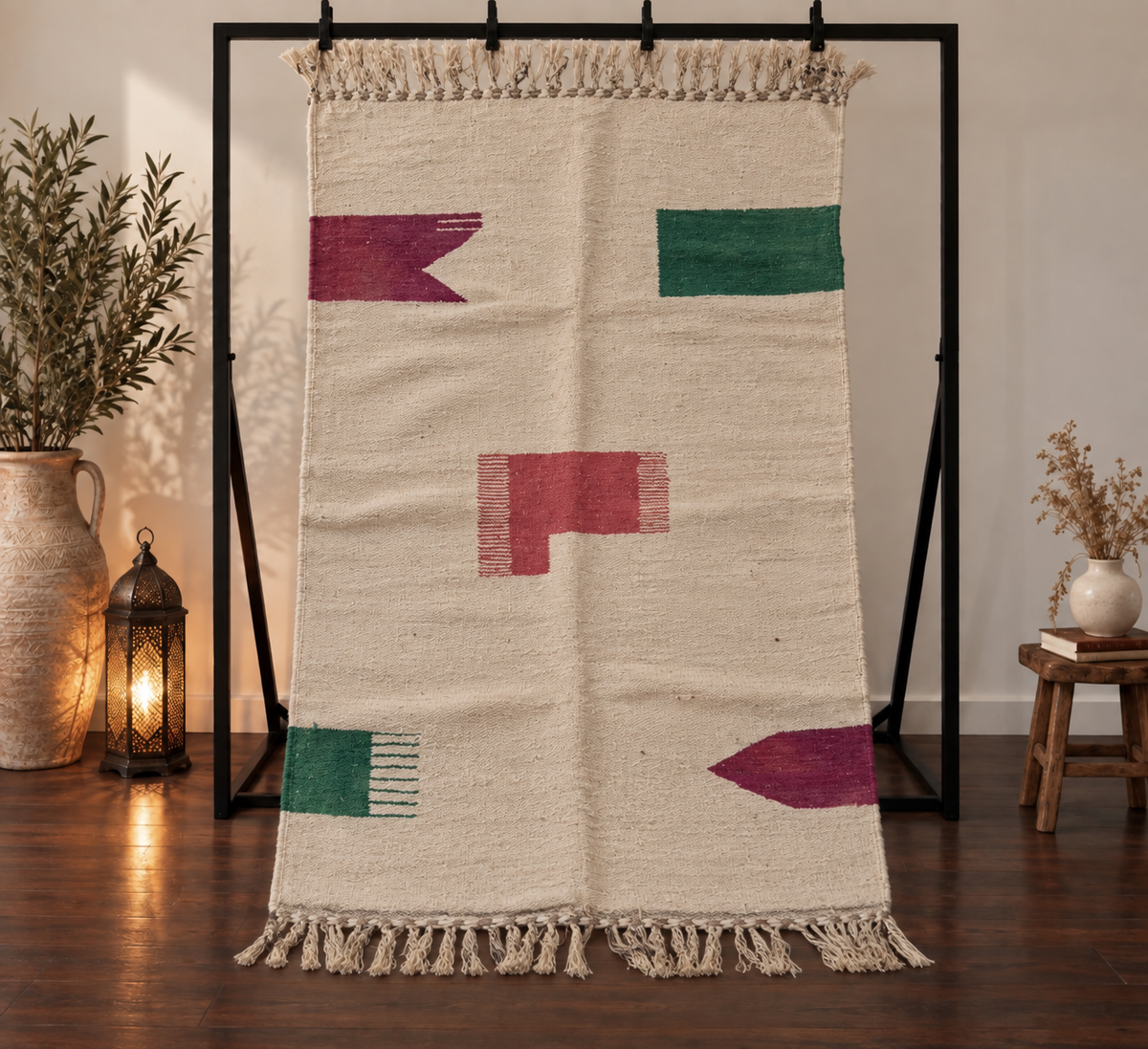Tapis Kilim graphique écru – Vert, bordeaux et terracotta 150×250 cm – Pièce unique