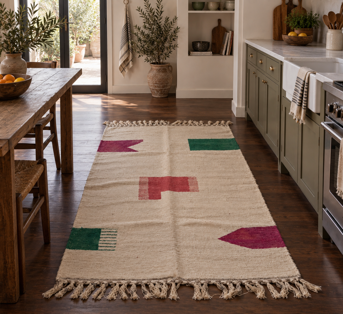 Tapis Kilim graphique écru – Vert, bordeaux et terracotta 150×250 cm – Pièce unique
