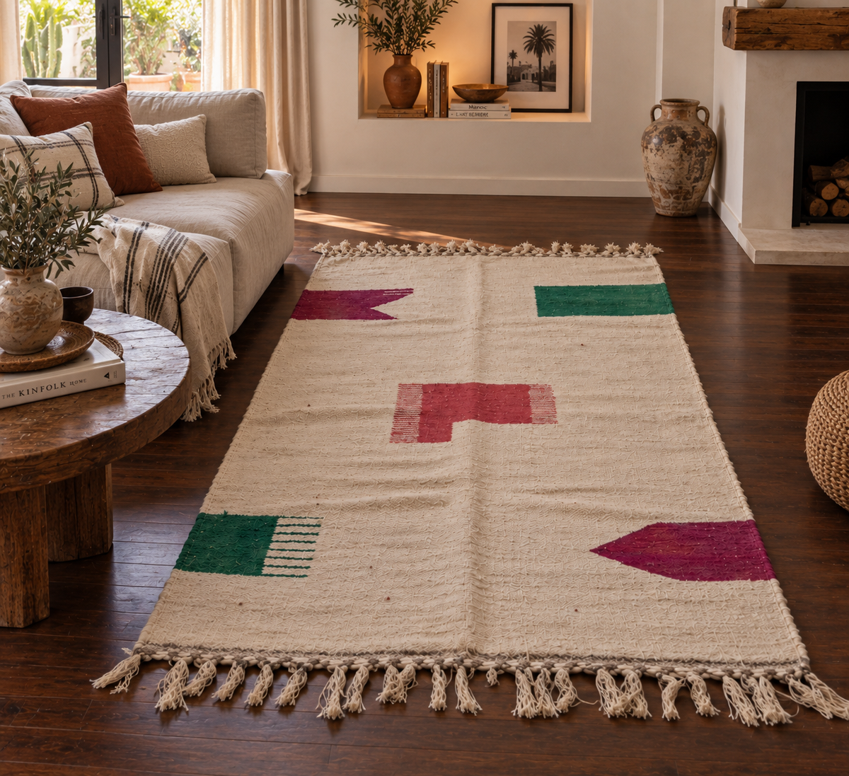 Tapis Kilim graphique écru – Vert, bordeaux et terracotta 150×250 cm – Pièce unique