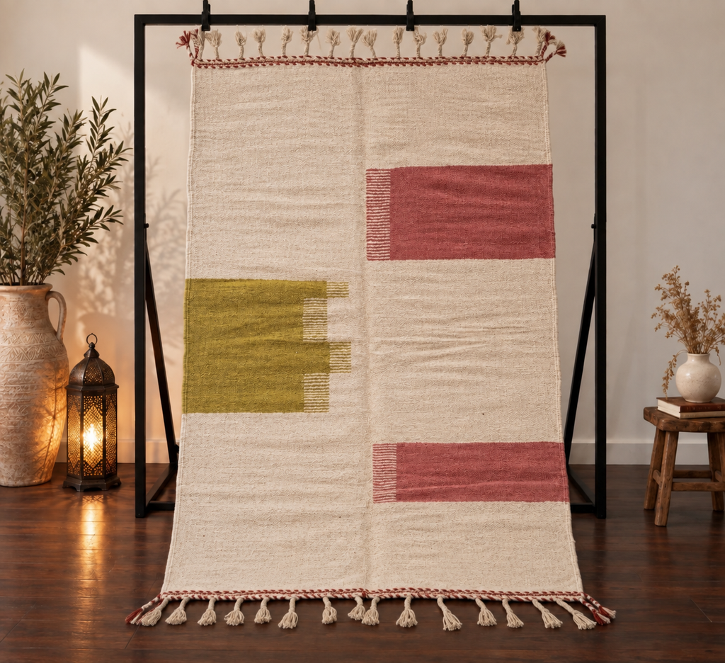 Tapis Kilim graphique - Olive et corail 255x158 cm