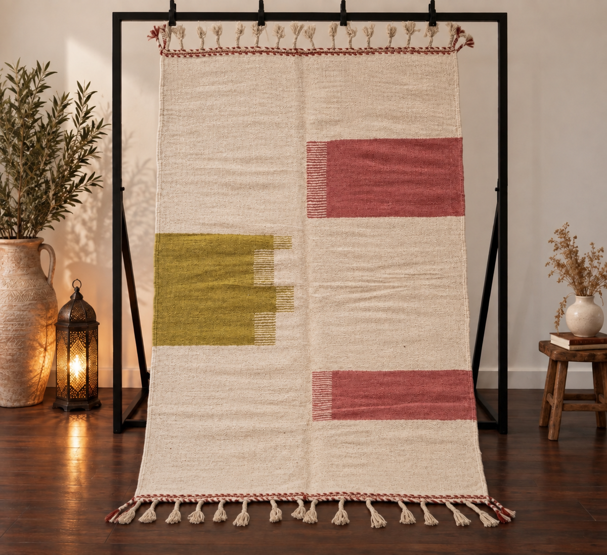 Tapis Kilim graphique - Olive et corail 255x158 cm
