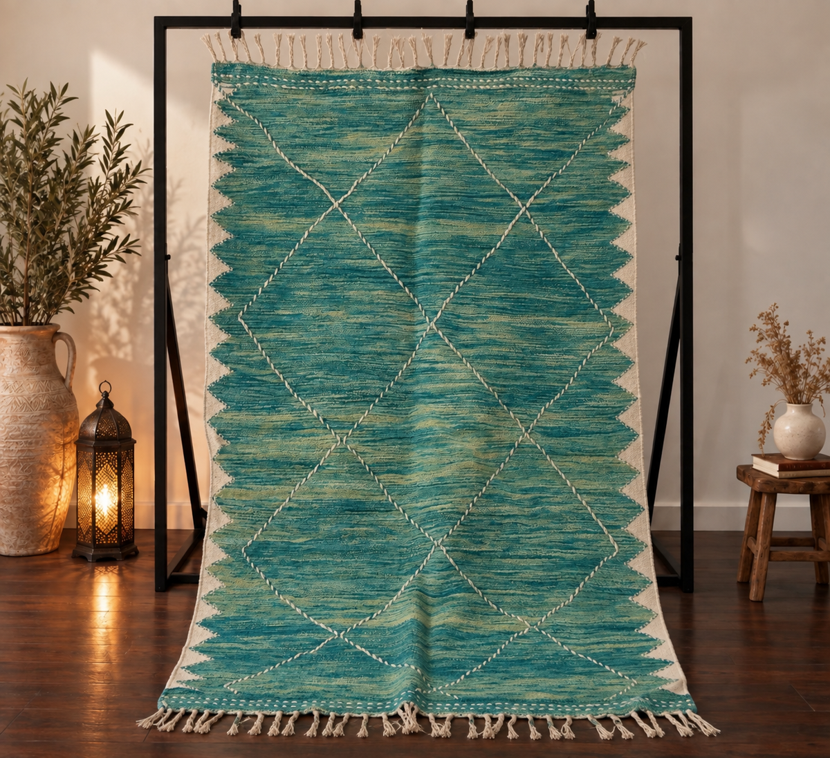 Tapis Zanafi turquoise – Losanges 300×187 cm – 100 % laine – Pièce unique
