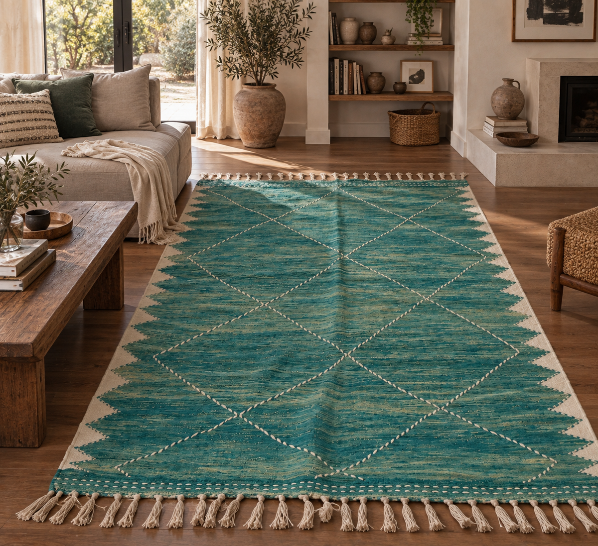 Tapis Zanafi turquoise – Losanges 300×187 cm – 100 % laine – Pièce unique