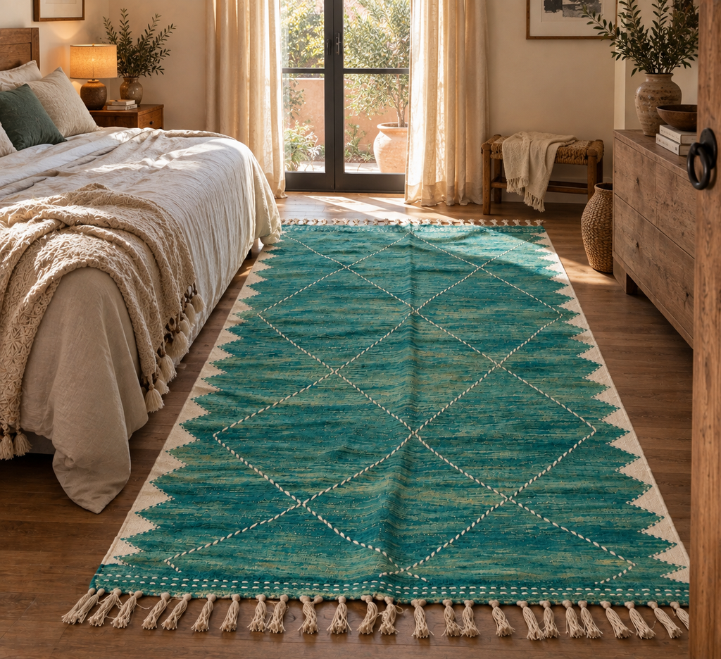 Tapis Zanafi turquoise – Losanges 300×187 cm – 100 % laine – Pièce unique