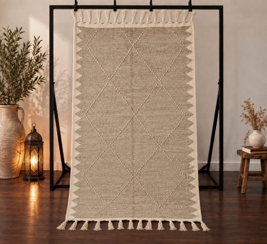 Tapis Zanafi marocain taupe & écru – 250×140 cm – Pièce unique